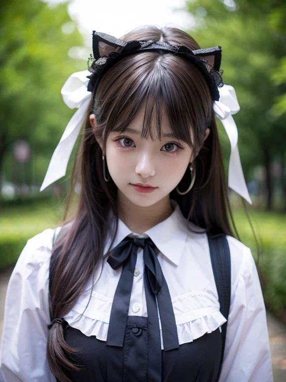Korean girl, heart-shaped eyes, symbol-shaped pupils, grin, streaked hair, cat ears, anchor choker, Surrealism, first-person view, masterpiece, textured skin