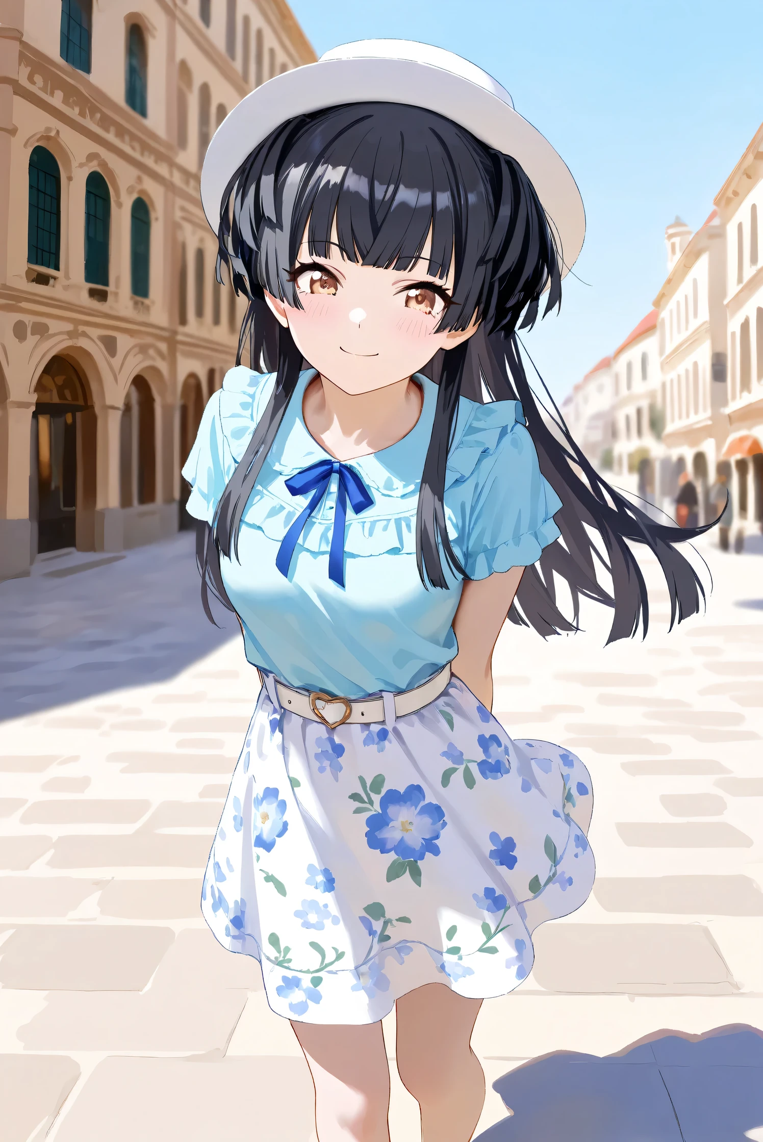 (Masterpiece), (Highest quality), (Very detailed),
(The best shape), (Best Shadow), (Absurd),
(Detailed background), (So beautiful), Shiny ,
Extraordinary, Countershading, 8k, 32K, High resolution, Beautiful eyes in every detail,
Very Detailed CG, UHD,
Score_9, Score_8_up, Score_7_up, Source_anime,
(Pastel painting:1.2), (Watercolor painting:1.2),
(Masterpiece, Detailed:1.2), (Foreshortening:1.2),
Cinematic, Dramatic, (Depth of field:1.4),
(Blurry background:1.4), (Realistic background:1.4),
(Foreshortening:1.3),Dynamic angle, 1 girl,
Venice, Venice Building, Outdoor, Nature, Blue sky,
from very high,
Mayuzumi Fuyuko,
The idolmaster shiny colors,
mayuzumi_fuyuko, 1girl, black hair, two side up, brown eyes, small breasts,
(Casual wear:1.3),
Light blue shirt, Short sleeves shirt, Frills
ribbon, Blue ribbon,
Skirt, White skirt, Floral print skirt, Belt, White belt,
Wide Brim Hat, (White hat:1.2), Blue ribbon,
full body, Focus on face,
(Blush:1.3), Happy, smile, arms behind back,
Realistic skin, Shiny skin,