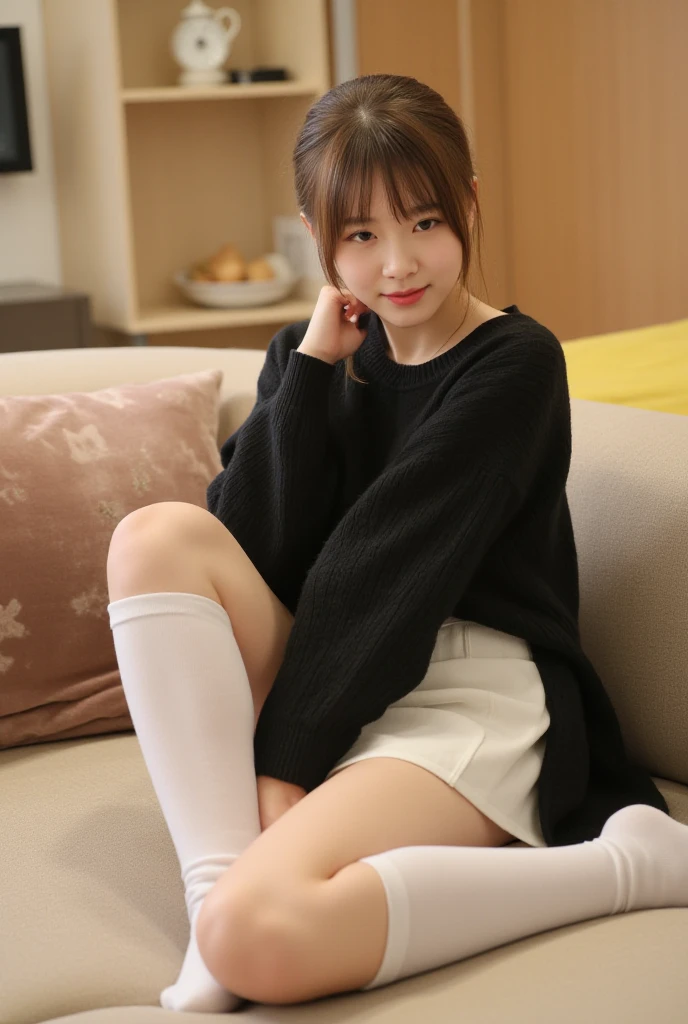 highest quality、Highest image quality、full body photo、25 year old female, Dark brown wavy middle hair、bangs、Long sleeve knit、skirt、stockings、White panties、 cute smile、M-shaped spread legs、Physical education sitting on the floor、Panties visible from the front