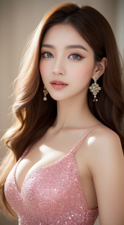 Half-body photo of a Korean woman, (Perfect beauty:1.37), ((Platinum brown hair)), (Huge:1.5)(((Perfect natural breasts))), Cleavage, ((Dynamic pose)), Sexy clavicle, Oval Face, double eyelid, Clever pink eyes, Pink Lips, Small Nose, bangs, (Are standing), Earrings, Ribbon choker, Bare shoulders, chiffon(((Slit evening dress))), (Outdoor, night, Bokeh:1.125), View of the park, Super detailed face, Beautiful Eyes, double eyelid, (Clear focus), (Realistic lighting, Highest quality, 8K, masterpiece: 1.43),