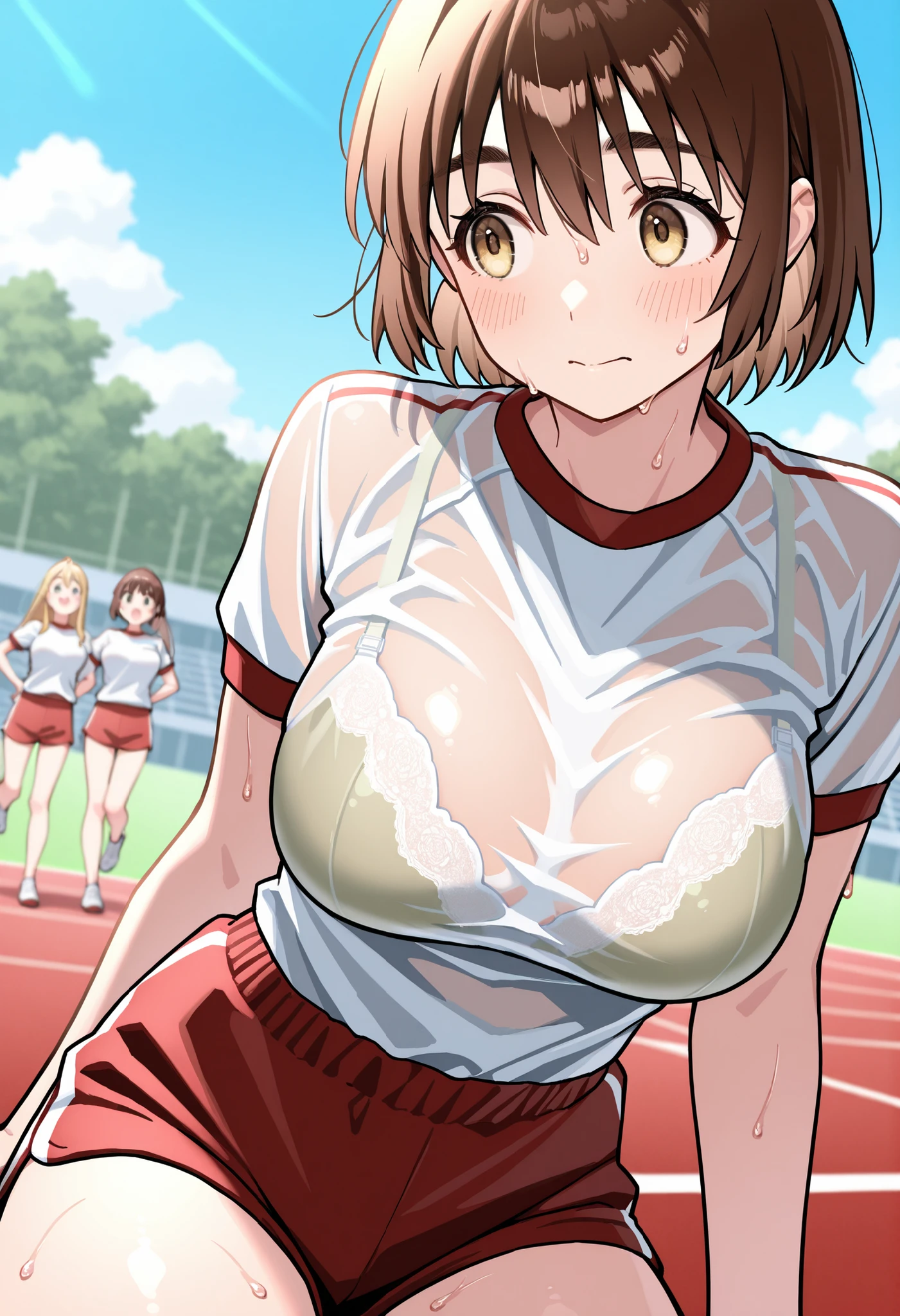 masterpiece, Best Quality, 32K, high resolution, ridiculous, Ayase Fuuka、Big Breasts、 Gym Clothes、 technical player 、、 3 girls、sweat、Outdoors、see-through bra、 Play with each other、 How to sit at the gym、Sneak Peek、Charis Senix 、