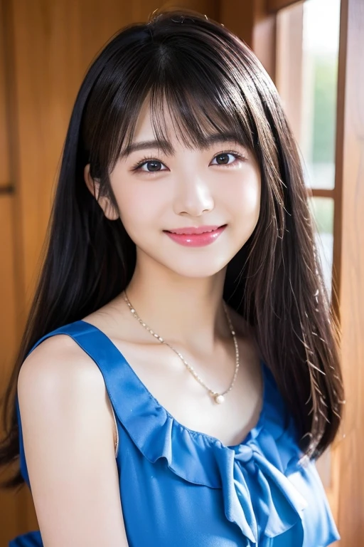 (8k, RAW Photos, highest quality, masterpiece:1.2), Super detailed, Ultra-high resolution, (Realistic, photo Realistic:1.37), High-definition RAW color photos, Professional photos, Very delicate and beautiful, Very detailed, 8k wallpaper, wonderful, In detail, Large file size, Very detailed CG unity 8k wallpaper, Very detailed beautiful girl, Very detailed face, Very detailed eyes, Very detailed skin, Very detailed fingers, Very detailed nose, Very detailed mouth, Perfect Anatomy, Very detailedな背景, Very detailed clothing, One girl, (18-year-old:1.2), Teen, cute girl, Famous Japanese Idols, cute, (Small breasts:1.2), Realistic body, , Fair skin, Shiny skin, Slender body, Good figure, Black Hair, Straight long hair, (Blunt bangs:1.2), smile, cute, young, cute face, Baby Face, Realistic face, Beautiful and detailed eyes, Droopy eyes, Beautiful big eyes, (smock blouse:1.2), View your viewers,