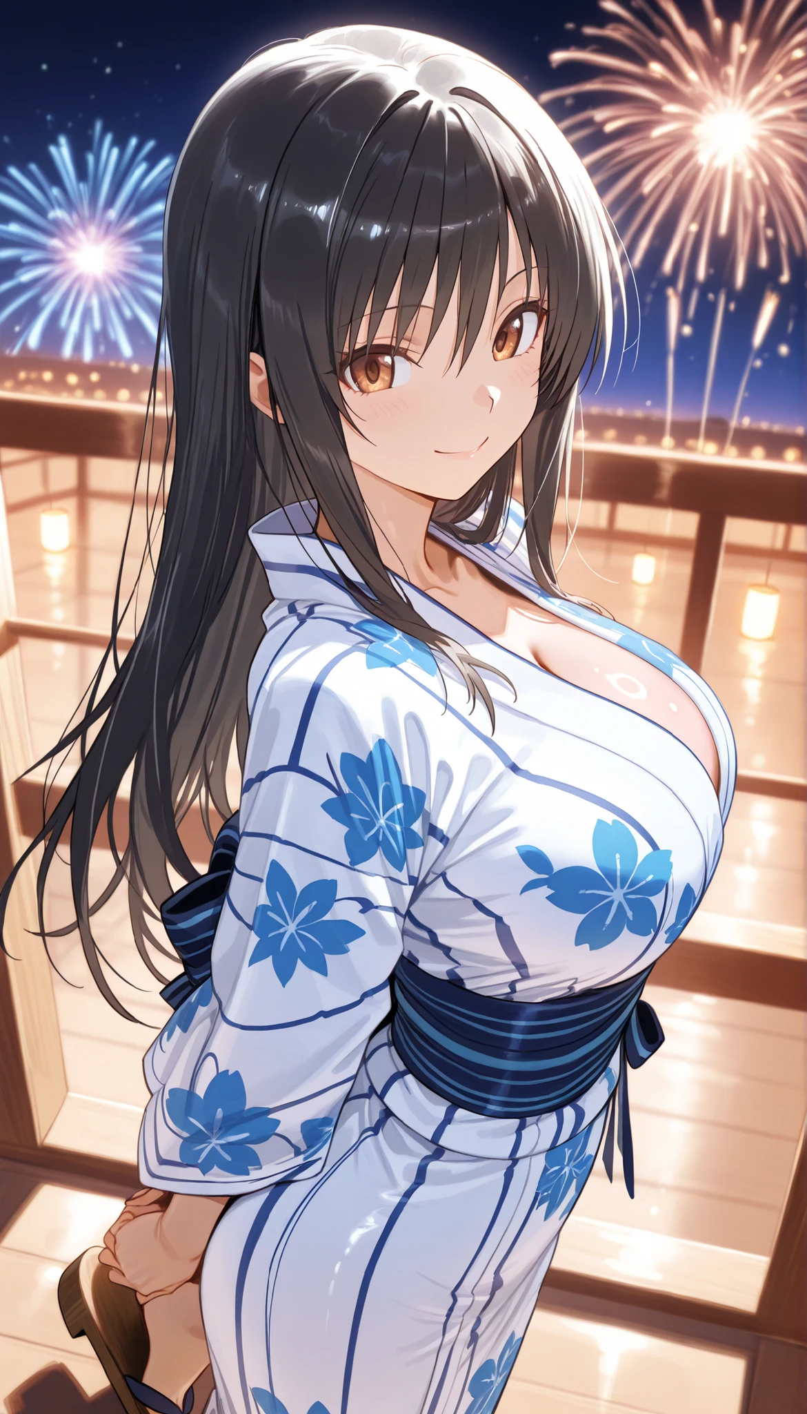masterpiece, score_9, score_8_up, score_7_up, anime, pinup, greatest masterpiece, perfect eyes, completely complete, best quality, high resolution, Kotegawa yui, 1 girl, long hair,black hair,sidelocks,hair between eyes,bangs,brown eyes, light skin, smile, arms behind ass, standing, midnight, beautiful fireworks, beautiful port town, japanese yukata, (blue and white colored yukata), japanese geta, shiny skin, shiny cloth, large breasts
