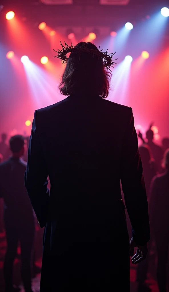 Jesus is wearing a black suit, crown of thorns, mic handle says. Next door there is a dj table and a professional presenter on a stage of the big bar where there are a lot of people, glittering lights in a lively music party, The opposite angle of Jesus 
