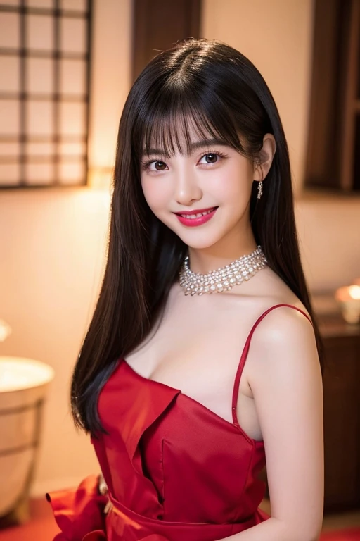 Best-quality, Masterpiece, Ultra-High-Resolution, (Photorealistic:1.4), Raw-Photo, 1girl, the most famous Japanese idol, 15-years-old, face-focus, grinning, looking at viewer, (wearing red gorgeous evening-dress with luxurious-design), (extremely cute face like the most popular Japanese idol), (extremely beautiful hair), (((extremely beautiful big-black-eyes))), extremely beautiful skins, extremely beautiful long-eyelashes, extremely beautiful lips, detailed red--gorgeous-evening-dress-with-luxurious-design