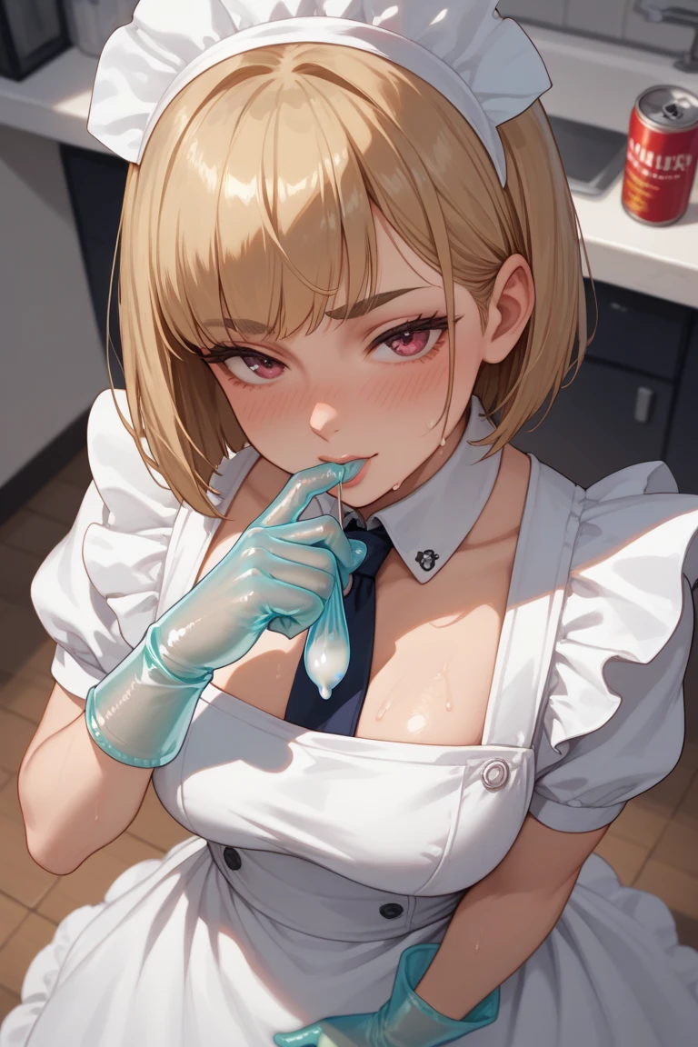 ((highest quality、High resolution))、Portrait、Blonde、((A beautiful maid gives a blowjob to a boy))、penis、semen