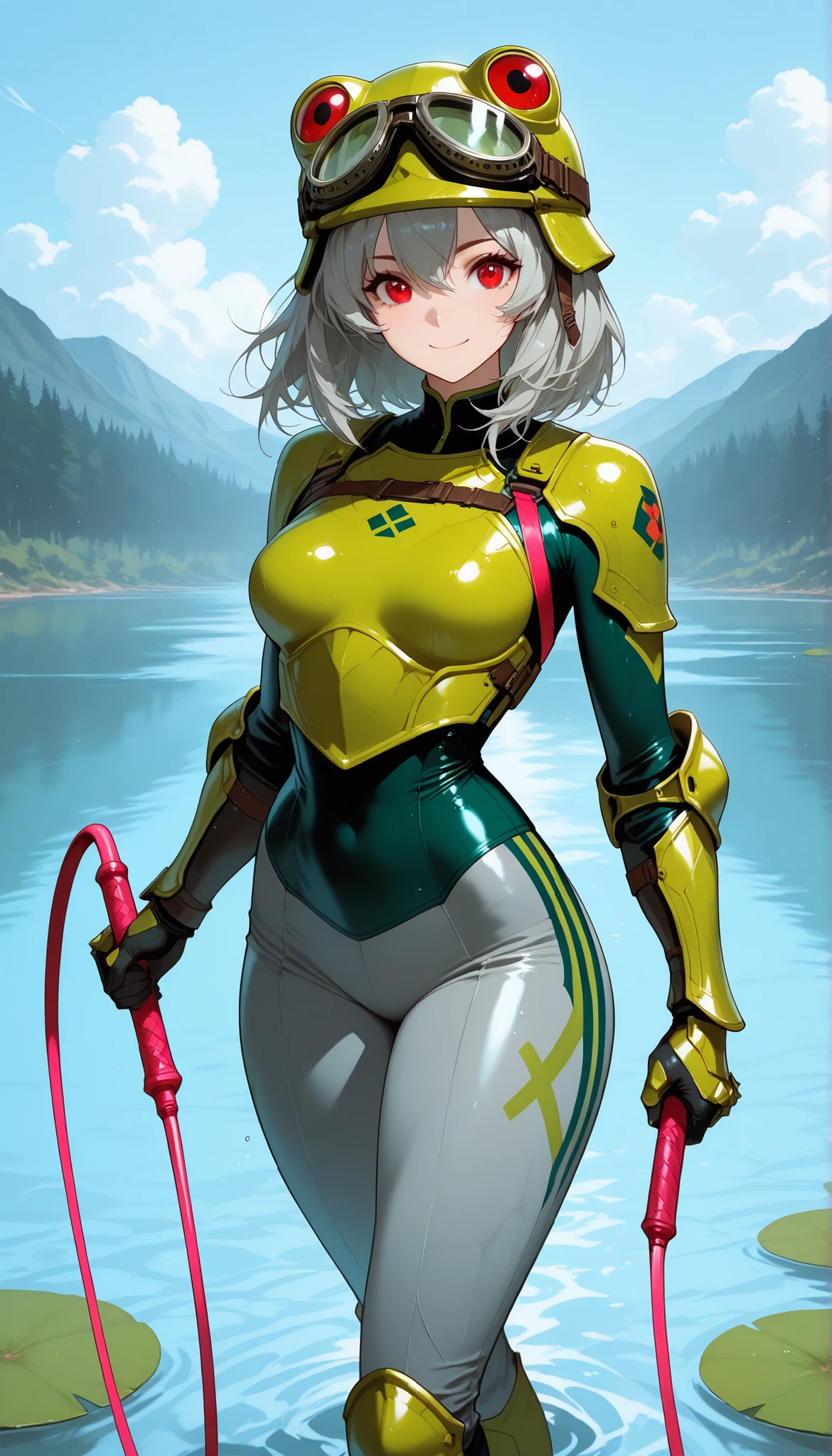 anime style, Masterpiece, best quality, Woman, short height, pretty face, red eyes, big goggles medium hair, grey hair, light green armor, polymeric armor, grey pants, gauntlets, green helmet(frog eyes), hydrodynamic design, wetsuit pants, medium breasts, thick thighs, thigh armors, lake background, , EyesHd, perfect eyes, High Definition Eyes, ExpresHGothicNeonIncase, happy, full view, green boots, holding a pink whip,