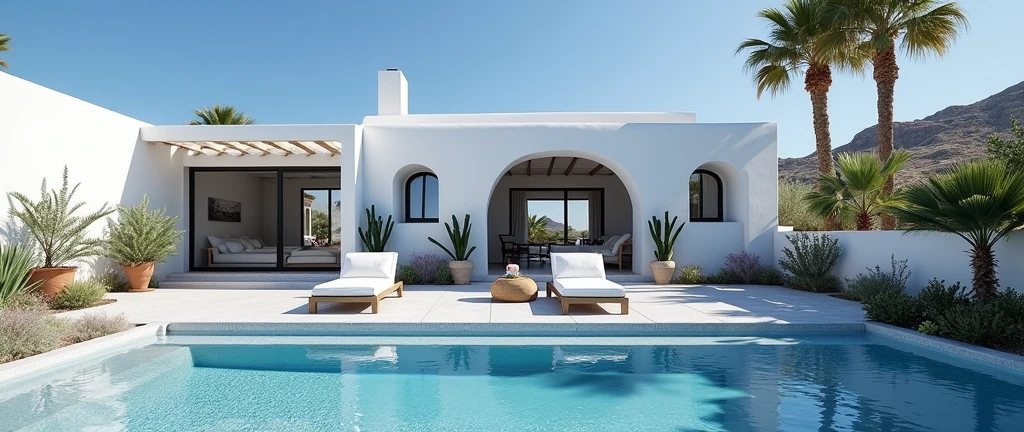 [Mediterranean elegance:The charm of Santorini:1.7], (((Main access to a single-level villa:1.47))), The Santorini-Mediterranean style architecture, some details to consider are: arches, speckled white wooden beams, whitewashed white,  Blue details , traditional black stone floor of the streets of Santorini.....