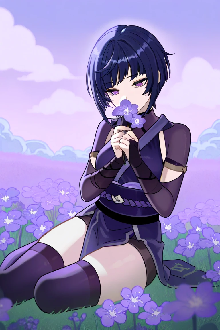best quality, masterpiece, (praying:1.4), standing, pov, 1girl, yuzuriha_(jigokuraku), purple hair, brown eyes, ninja, open clothes, cleavage, small breasts, topknot, medium hair, looking at viewer, outdoors, forest, open mouth, purple boots, bush, seductive smile, pants, (blush:1.2), (NSFW 1.1)