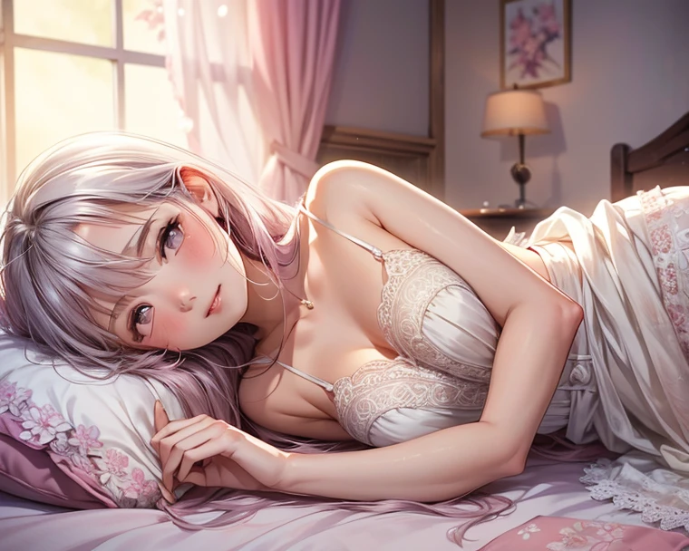 ((cabelo branco)), ((Olhos amarelos)), ((Lingerie sexy branca)), ((Deitada na cama)), ((Olhar )), ((Sorriso)), ((Cabelos longos)),