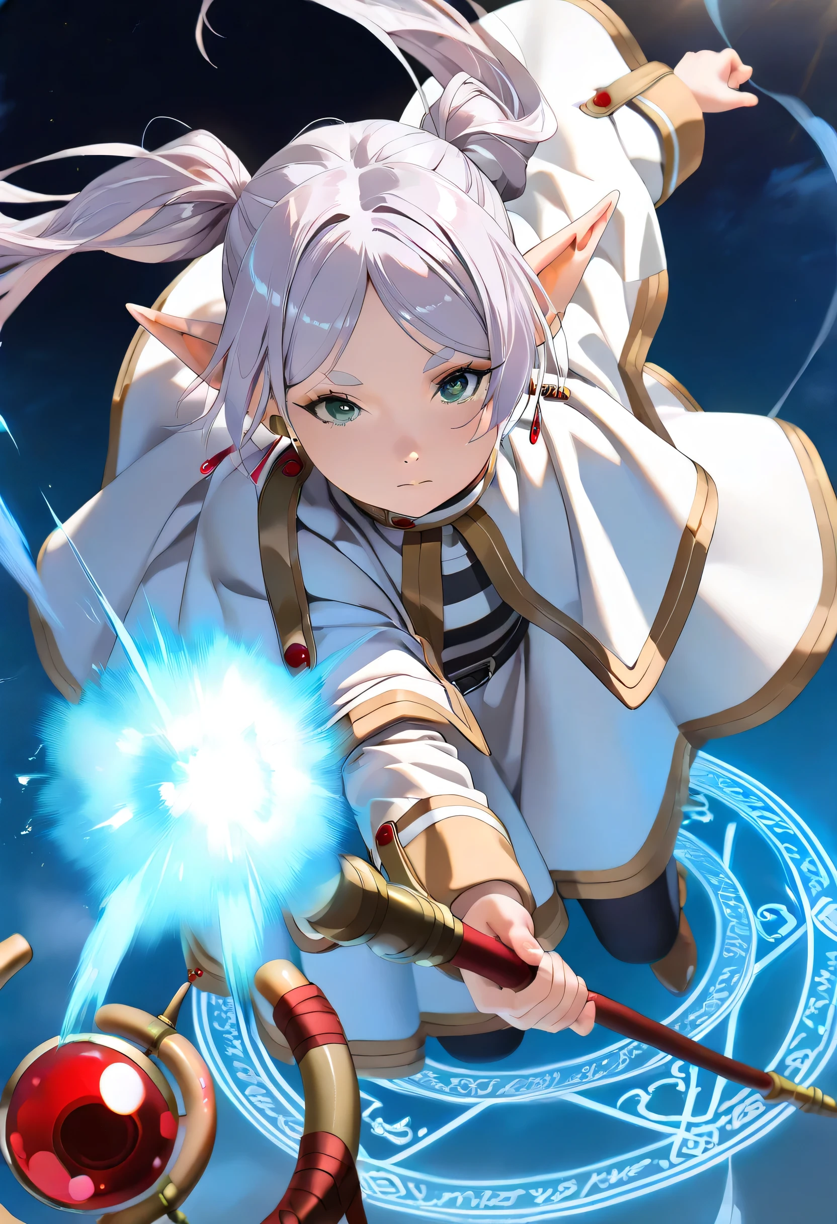 (Masterpiece, best quality , more details, 8k, 4K, hi res, ridiculous :1.3), ( Detailed Textured Lighting , detail surface lighting for viewers ), [ pastel color ] [ Calm Colors ] [ Anime Screen Cap ] [ photorealistic] A 3D character model,perfect proportions, beautiful body,Frieren from "Sousou no Frieren", (((floating mid-air))),((( firing a powerful Zoltraak spell from her staff, bright glowing magic circle at the tip of the staff))), massive energy beam shooting forward with light trails, intense explosion effect, strong light reflecting on her face and clothes, fierce expression, magical aura surrounding her, wind blowing her cloak and hair, dynamic action pose, night sky background, cinematic anime style, extremely detailed, 4k