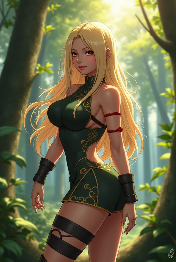 Marija, anime character, extremely thin, long legs, blonde hair with a high ponytail, shoes and knee-high socks, miniskirt, tnak top, powerful, shy, submissive, the goddess of magic circles, magical powers, circles of light that emanate from his hands, action, color theme in green and orange tones with a touch of gray and brown, anime colors,