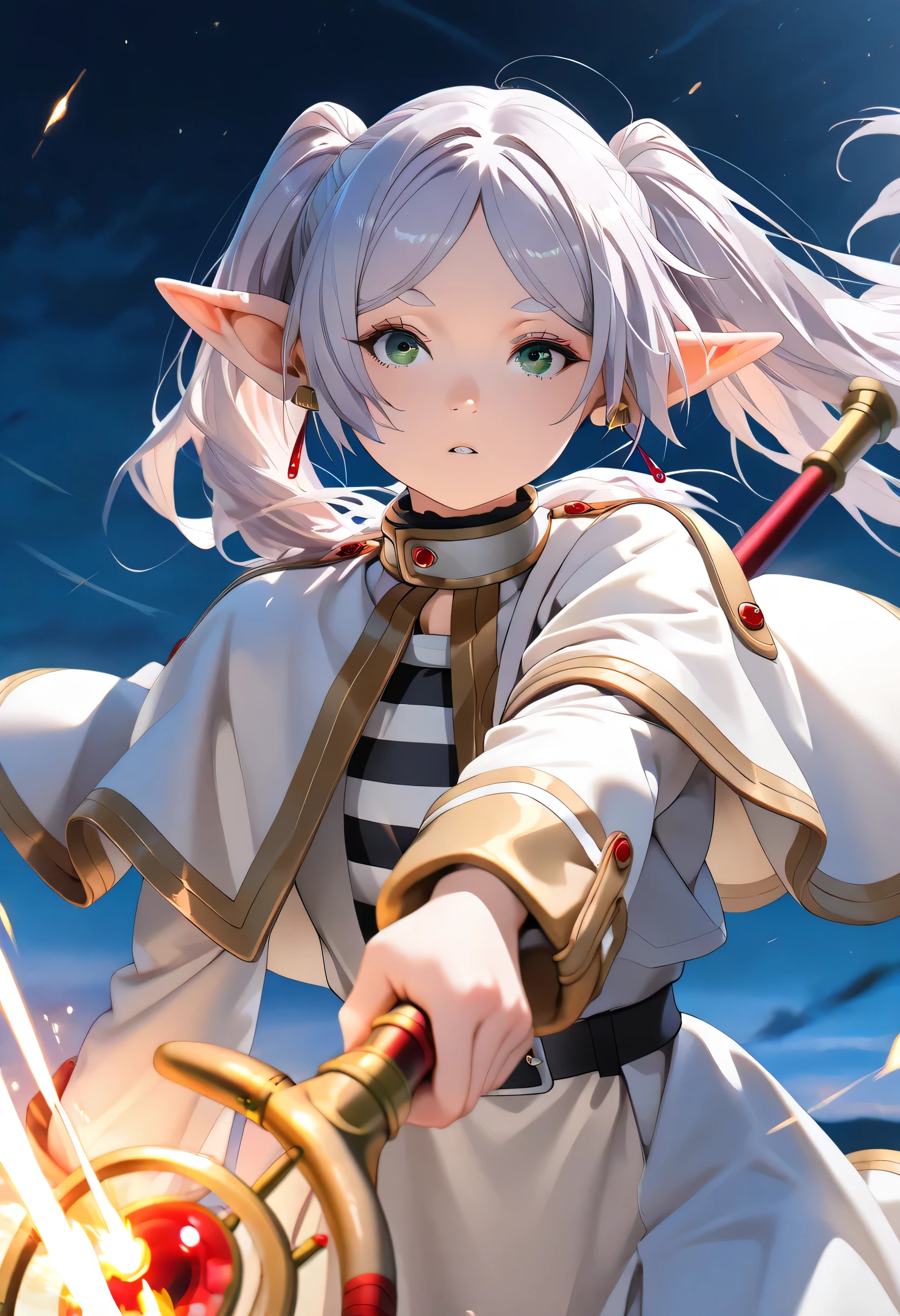 (Masterpiece, best quality , more details, 8k, 4K, hi res, ridiculous :1.3), ( Detailed Textured Lighting , detail surface lighting for viewers ), [ pastel color ] [ Calm Colors ] [ Anime Screen Cap ] [ photorealistic] A 3D character model,perfect proportions, beautiful body,"exploding blast of magic"Frieren from "Sousou no Frieren", floating mid-air, firing a powerful Zoltraak spell from her staff, bright glowing magic circle at the tip of the staff, massive energy beam shooting forward with light trails, intense explosion effect, strong light reflecting on her face and clothes, fierce expression, magical aura surrounding her, wind blowing her cloak and hair, dynamic action pose, night sky background, cinematic anime style, extremely detailed, 4k