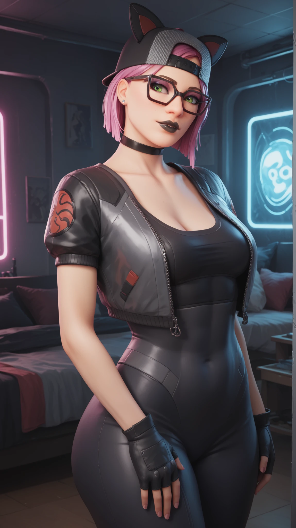girl (masterpiece),choker,black lips, Black cap,fingerless gloves, evening (only)Body de Tul Frou Frou Romancer, futuristic room, with neon lighting and video game designs ,beautiful green eyes,short pink hair,glasses, standing 