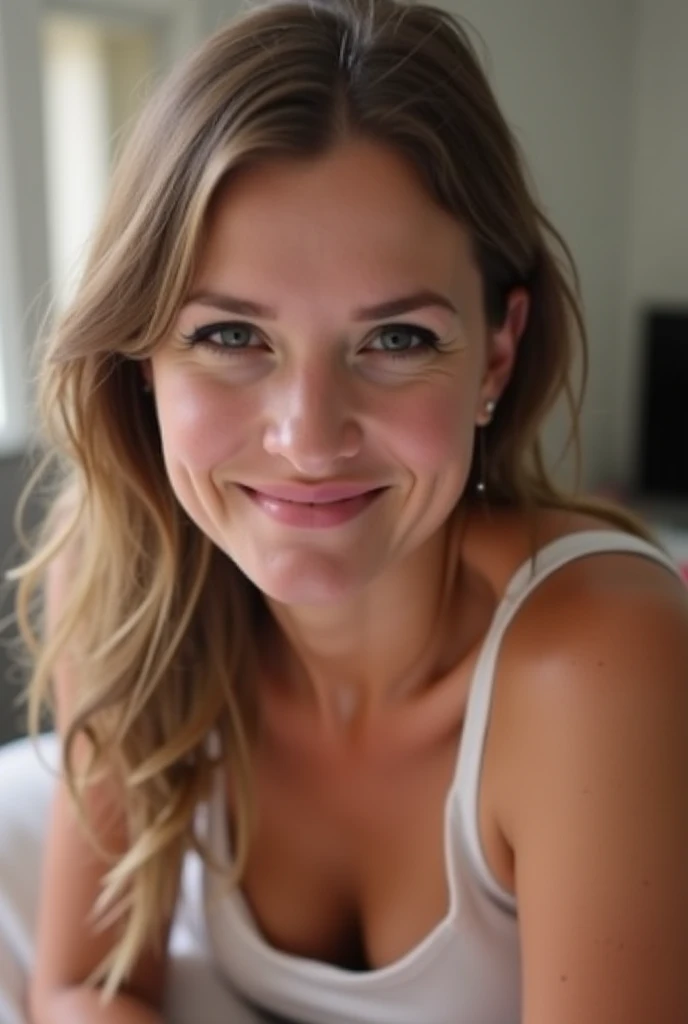 blonde woman with lighter hair,HotWife, Beautiful Brazilian woman in her 30s, In brown skinny leather pants , Wearing a low-cut white lycra sports shirt, Very big and perfect breasts, pretending to be in the kitchen, Cinematic light, He smiles, Flirting with the camera, hot show , The picture is taken from above.