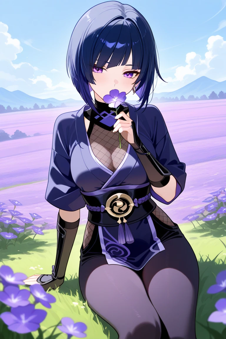 shinobu kochou, long hair, solo, PERFECT ANATOMY, purple hair, blue eyes, looking at viewer, round ass, thicc thighs, 1girl, ass up, tight hakama