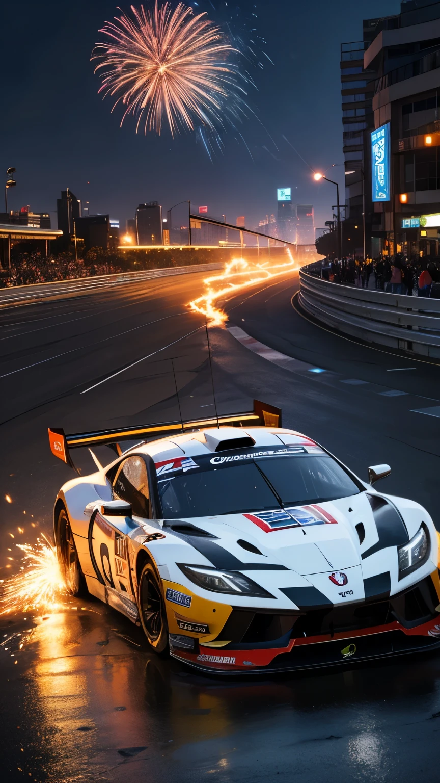 race track. futuristic cityscapes. A trail of bright, glowing sparks, races symbolizing the power of the Race Car # Formula 1