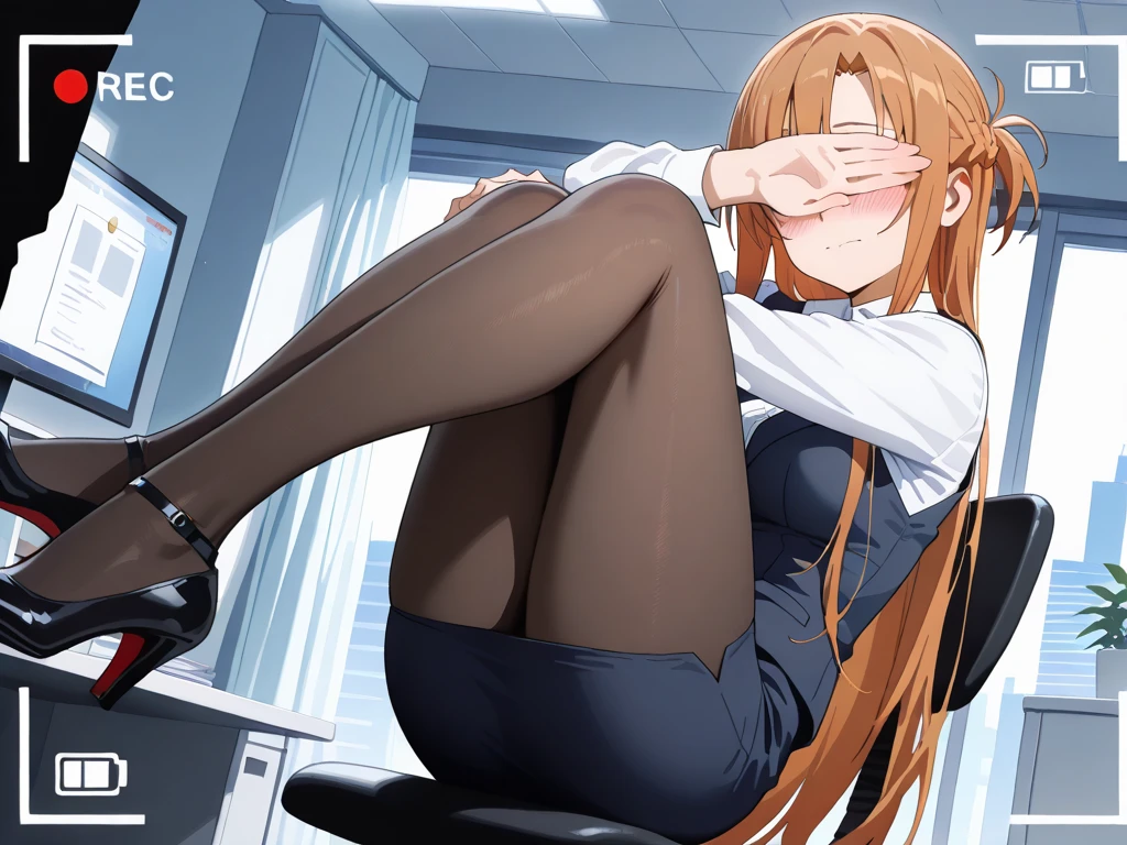 female lawyer，Workplace attire，Banking professional shoes，Long white socks，（Giant body shape），Head over the ceiling，（torn laundry:1.5），Kneeling，（look of anguish），Open mouth anime emoticon，style of anime，Moe style art，The whole body occupies a small office。