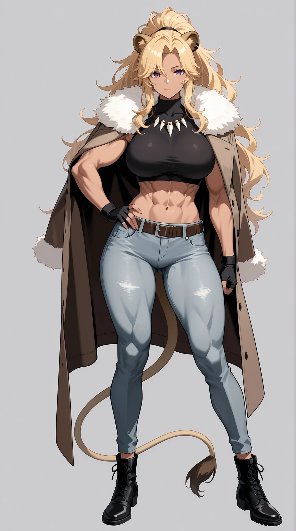 (best quality,4k,8k,highres,masterpiece:1.2),ultra-detailed,(:1.37),ghislaine dedoldia,animal ears,white hair,standing,,full body,boots,warrior,choker,fur trim,large breasts,abs,muscular woman,,pants,flipflops, full body flipflops, , pullover, kimono