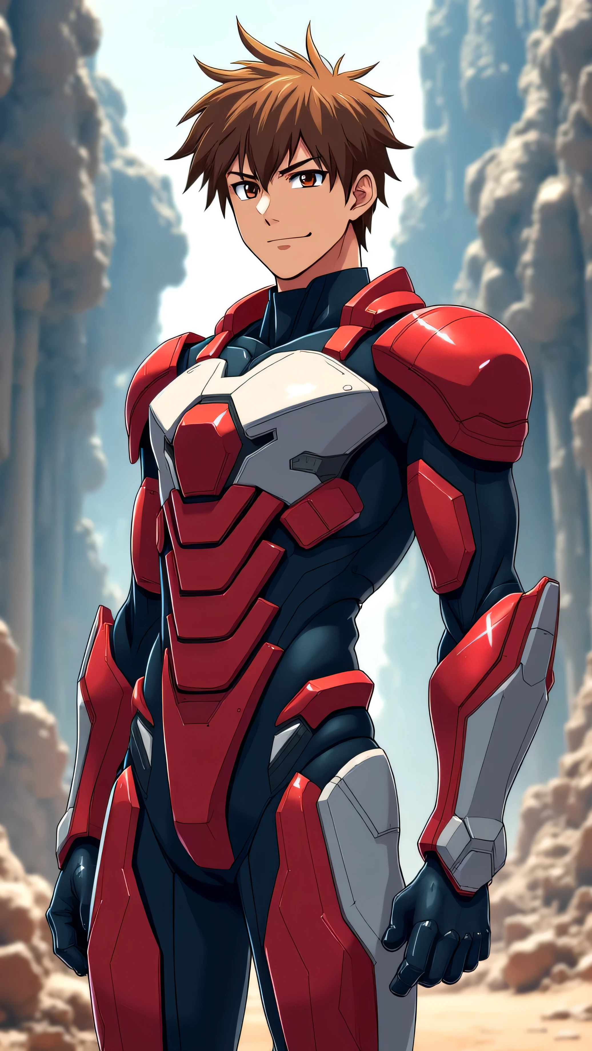 Image of Alphad crouched down by a man in a red suit, full body zenkai! asuka suit, offcial art, heroic masculine pose, char aznable album art, spears, shiro takatani, Red armor, official character art, Red Uniform, kentaro miura art, asuka suit under clothes!, clean cel shaded, varia suit