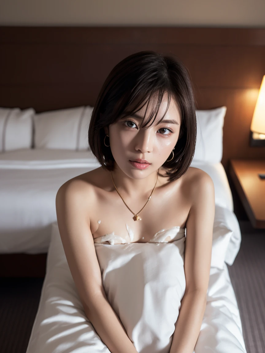 (masterpiece:1.2), Very detailed, Ultra-high resolution, (Realistic, photo Realistic:1.5), High-resolution RAW color photos, Professional photos, Dramatic lighting, Sharp focus:1.2, (Very detailed顔と肌の質感, Very beautiful eyes, Glossのある肌, Glowing Skin, Glowing Skin, Shining Face, Gloss, Oily skin, greasy face, Oily skin, greasy face, 強いGloss), Perfect Anatomy, Very detailed背景, 1 female, 25-year-old woman, Japanese women, (Short Bob Hair, Straight hair, bangs:1.3, Brown Hair), (Tilt：Weight 1.0), (Flat Chest:1.5), ((Bedroom)), (((Late Night))), (((Dark hotel room))), (((Sleep on your back))), ((Lying down)), (Please raise your hand),(Hold the pillow tightly&#39;hand of), (Thin legs:1.7), ((Very sensual、Have sex、erotic)), ((Too sensual)), ((Glowing Skin)),(((See-through short-sleeved shirt))), (((Half-naked shirt))),(((Black Stockings))),(((Thong Panties))), (real Glossのある肌 texture), (Glowing Skin),, (((White skin))), Browsing Caution,Earrings, ((Open your mouth、Squint your eyes))