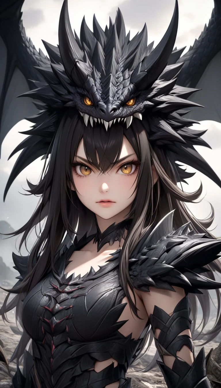1girl, black_hair, breasts, dress, looking_at_viewer, long_hair, dragon, ringed_eyes, black_dress, cleavage, blue_eyes, bangs, scar, nature, outdoors, tree, solo, upper_body, forest, sleeveless, expressionless, closed_mouth, sleeveless_dress, scar_on_face, bare_shoulders