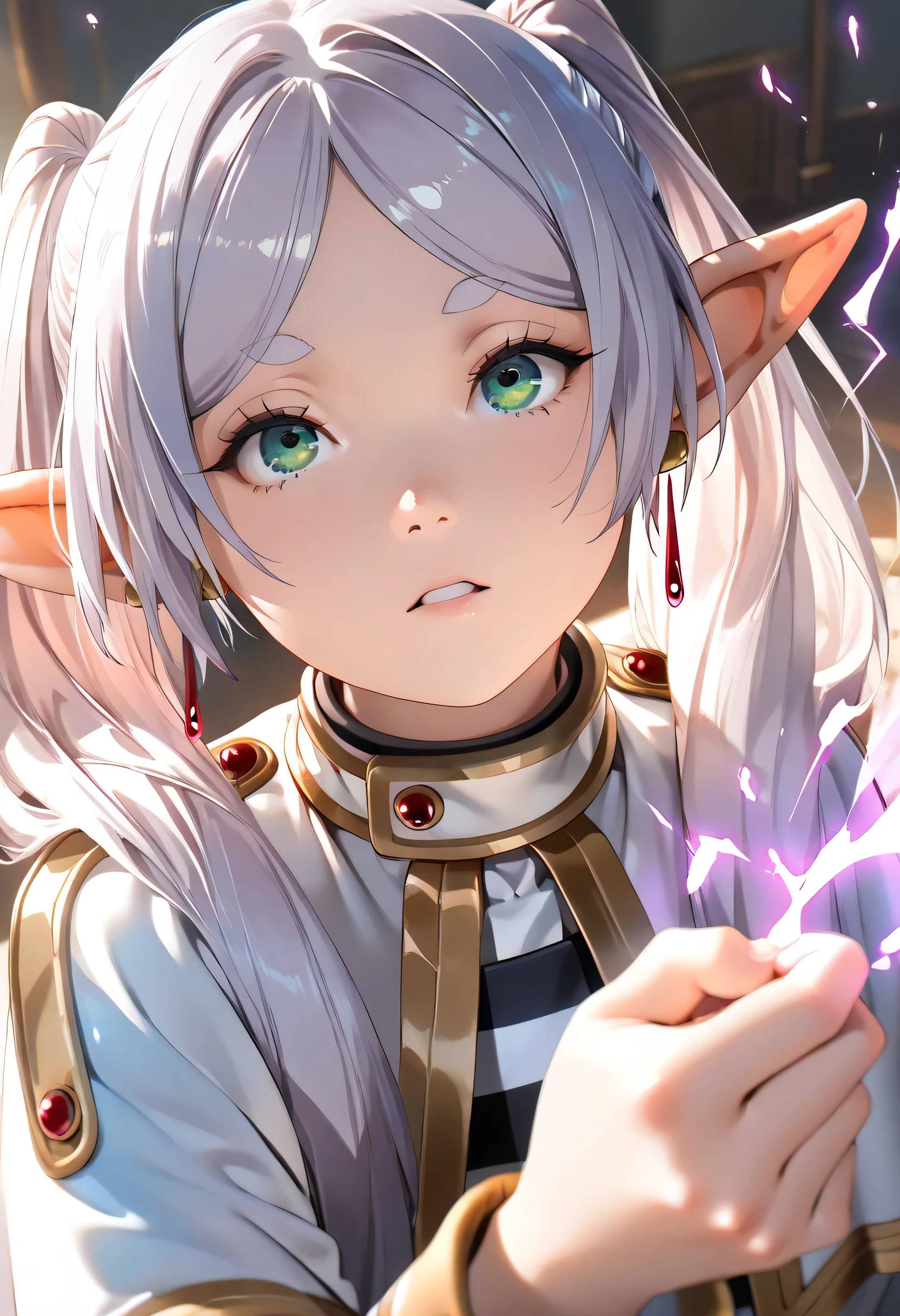(Masterpiece, best quality , more details, 8k, 4K, hi res, ridiculous :1.3), ( Detailed Textured Lighting , detail surface lighting for viewers ), [ pastel color ] [ Calm Colors ] [ Anime Screen Cap ] [ photorealistic] A 3D character model,perfect proportions, beautiful body,Frieren from "Sousou no Frieren", casting a powerful Zoltraak spell, magic energy surging from her hand in a dramatic blast, glowing aura, intense expression, cinematic lighting, fantasy background, dynamic pose, detailed anime style, high quality, 4k,dynamic angle, from below looking up,blue magical explosion effect