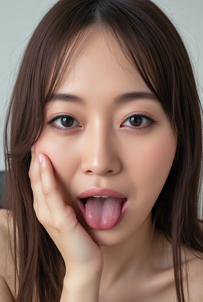 (masterpiece:1.2), Japanese, (((18 years old))), (a girl), indoor, close up to face, (((opened mouth wide))), light-brown hair,