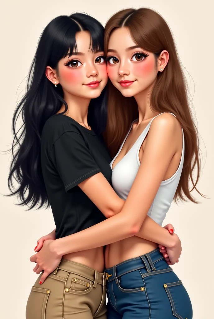 2women embracing, hugging, kissing. (a native american woman with long black hair, tall, curvy, brown eyes, tanned skin, naked) and (a white woman with short pixie cut black hair, gold eyes, naked), (best quality,4k,8k,highres,masterpiece:1.2), (detailed eyes, detailed face), lipstick, smiles, long eyelashes