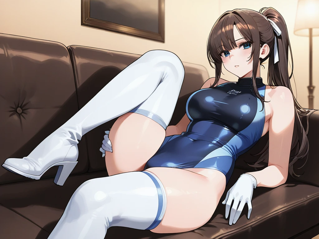 top-quality、Full limbs、complete fingers、Slender beauty、poneyTail、Brown hair、Medium Hair、(Red high neck long sleeve competition swimsuit:1.3)、(Brown pantyhose:1.3)、Beautiful Large Breasts、Luxurious living room、Luxurious sofa、A big smile