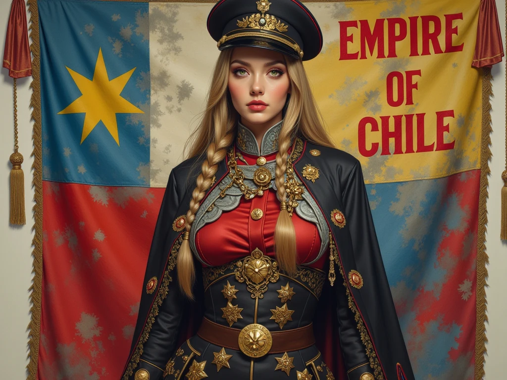 Detailed multi-colored proportions and textures with airbrushed brushstrokes presenting a semi-realistic illustration A beautiful and strong young woman wearing an epic fantasy gothic armor style military uniform where grayish black tones predominate, mixed with vivid colors (full body, with a confident and bold posture, playful gaze, bright golden yellow eyes, defined eyebrows, long eyelashes, perfect face, full lips, huge round , flat stomach, wide , slim waist, thick thighs), Her long straight blonde hair is tied in a (long) braid falling down her back. Her uniform consists of a red, gray and white shirt beautifully decorated with military orders, decorations and medals, a tight high-waisted knee-length pencil skirt and an officer's beret decorated with a military police badge. In the background, a cloth army banner with bold red letters reading "EMPIRE OF CHILE" An image in the style of the national flag of an empire, with a five-pointed star on a tri-colored background of red, blue, and white. The composition, halfway between vintage and Gothic-Romance, of the overall image is a clean, crisp, and high-quality masterpiece. very balanced saturation across very defined color palettes (Color with intense monochromatic shaded tones and brightness, red hue 25% + yellow 25% + blue 25% + biofluorescent 12.5% ​​​​​​+ transparencies 12.5%. Aesthetic fusion by (Fibonacci ratio. A realistic doll of a young military woman. of a young military woman (Includes a variety of pink skin and dark beige tones that give it contrast and brightness) type of character. Fluid texture that gives the sensation of movement to the leafy style that molds to the figure (her clothing with relief and folds gives volume and depth to the character). Haute couture photoshoot (high quality full body). Highly detailed and sharp soft focus, approaching perfection, Full HD 8K. High and low angles. by Coco Chanel, Gianni Versace, Alberto Vargas, Greg Rutkowsk fusion of artistic styles.
