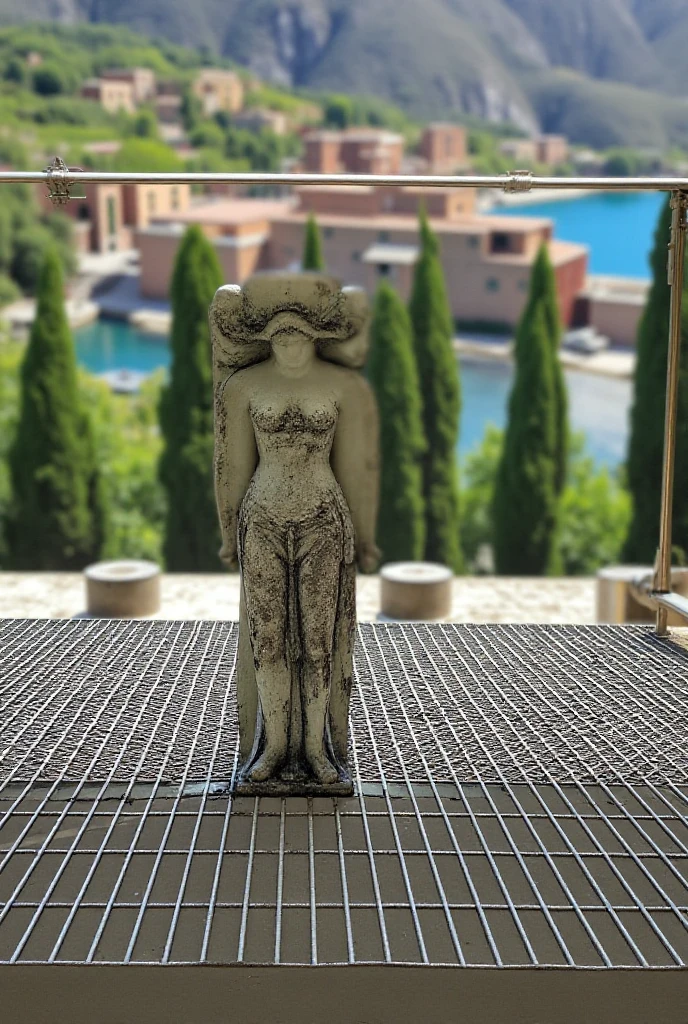 stone statue of a naked woman, stone-colored, made up, spreading her legs, looking at the sky, beautiful tits, stone-colored