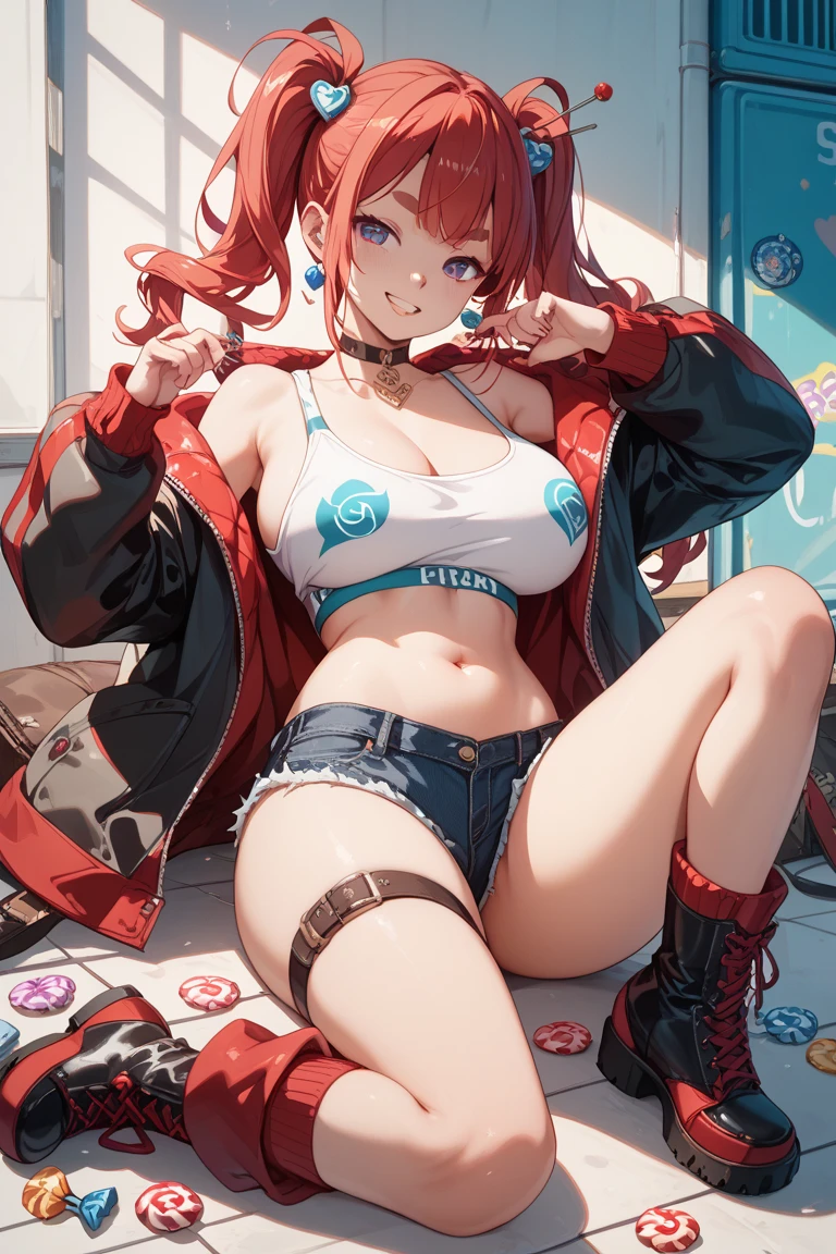 best quality,4k,8k,highres,masterpiece:1.2),ultra-detailed, extremely detailed eyes, extremely detailed body, (large masterpiece digital art), (detailed manga illustration), (detailed line art), ((perfect anatomy)), (intricate details:1.3), (ultra-detailed:1.3), (illustration:1.3), (sharp focus:1.3), (natural lighting:1.05), (vivid colors:1.3), (masterpiece), (best quality:1.4), (perfect anatomy:1.4), high quality, expressive eyes, full body, detailed face, beautiful face, perfect face, 1 girl, breasts, cleavage, gloves, large breasts, ultramarine jacket, very long hair, thigh length hair, ({dark skin}), dark-skinned female, detailed ((red hair)), messy hair, green eyes, gloves, jacket, hourglass physique, casual outfit, denim shorts, sneakers, graphic t-shirt, dynamic lighting, cityscape background curvy, Atey Ghailan, Jeremy Mann, Greg Manchess, Antonio Moro, trend in ArtStation, trend in CGSociety, Intricate, High Detail, Sharp focus, dramatic and photorealistic painting art by Midjourney and Greg Rutkowski, Jeff Bridges, ((cartoon style)), Marvel Cinematic Universe style, (((Boston in the background))), soft bokeh of Boston