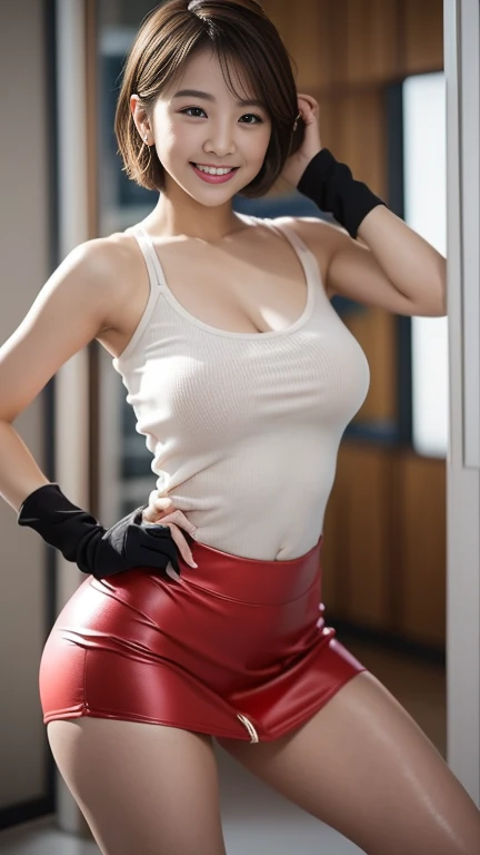 Beautiful woman with short straight red hair with green eyes wearing a Burgundy Gym Tight Leggings, a Crimson Sexy Criss Cross Mock Neck Mid Sleeves Blouse, luxurious jewelry and a luxurious necklace, 18k gold wedding ring on left hand, standing in an office room at sunshine, (asian skin), (light brown lipstick), (elegant mascara), (muscular body with abs),(mid breasts) midjourney, <lora:GoodHands-, <lora:GoodLegs-, UHD, high resolution, (masterpiece:1.1, best quality), (expressive eyes, perfect face, full body, expressive face, perfect body, perfect pussy, athletic, fit, slim body, blushing, Perfect makeup, eyeliner, beautiful eyelashes, smiling, horny face), ((best illumination, best shadows))