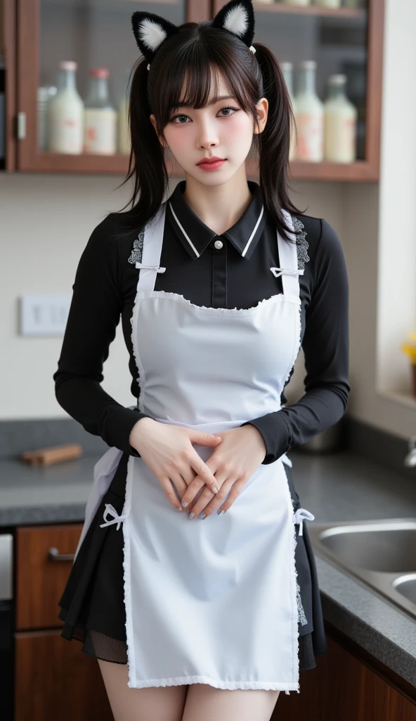 ((highest quality: 1.4)), (an unparalleled masterpiece), (ultra high resolution), (Ultra-realistic 8k cg), (cowboy shot), (super detailed), (maid ), highly detailed maid clothes, half_apron , Amazingly realistic and beautiful faces, (I can see her tiny lacy black panties)、natural makeup、((large overhanging udder))、((slim body shape))、thin legs、Highly detailed beautiful hair, Highly detailed hairstyle, Realistic white skin、cinematic, A flushed, downcast face, expression of embarrassment、Working in the kitchen of an old Western-style building, candle light, Use backlight effects to add depth to an image, anisotropic filtering, Depth of the bounds written, Maximum clarity and sharpness, 8 life size, thick body:0.8 , perfect anatomy, Symmetrical and balanced, beautiful gradation, sharp focus, golden ratio, image centered, beautiful composition