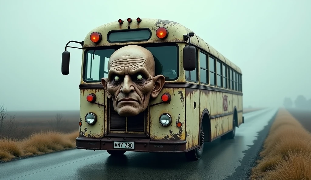 Best quality, masterpiece, road background, bus with human face, old bus, peeling paint, wrinkled face, expressionless face, bearded face, sci-fi, detailed science, life science, detailed image texture, creepy, scary, creepy atmosphere (not AI image), cloudy weather, fog, low color image, creepy, character filling the screen, image from different angles