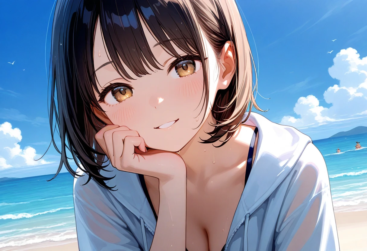 Realistic, Photogenic, With the sea in the background, Wearing uniform, Top button of the shirt is undone, The chest is slightly exposed, the skirt is short,、Slightly above the thighs, Mid-length hair, Hair color is a blend of blonde and brown, Hair blowing in the wind, My hair is messy and disheveled, Severely sunburned skin, Slender figure, Skinny Chest, Bold, bright makeup, Small Mouth, Small Nose, Smooth jawline, Glossy face, Cheeks stained red, Open mouth and big smile, Making someone feel comfortable, Detailed eyes, Oblique eyebrows, Detailed lips, Close-up photography, photoRealistic, Very detailed, 8k, Highest quality, masterpiece, Vibrant colors, Dramatic lighting, Structure of the film, Digital Art、Japanese Girl、high school student