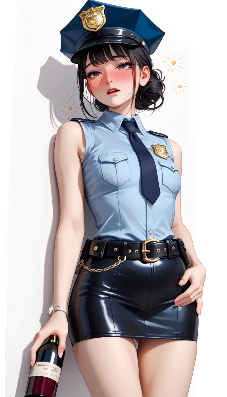 Photorealistic, high resolution, A Japanese Police woman named Kimmi, solo, heavy makeup, Hips up, (Detailed face), Black hair, Long hair, Red and White corset and Red lace Panties , white micro skirt, Ripped Stockings. Fully clothed. Home room setting