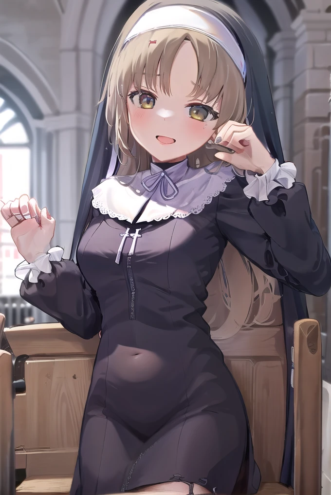aasister, long hair, nun, habit, white capelet, neck ribbon, (black dress:1.2), long sleeves, white gloves, full-length zipper,big breasts,(((lift skirt,panties))),grin