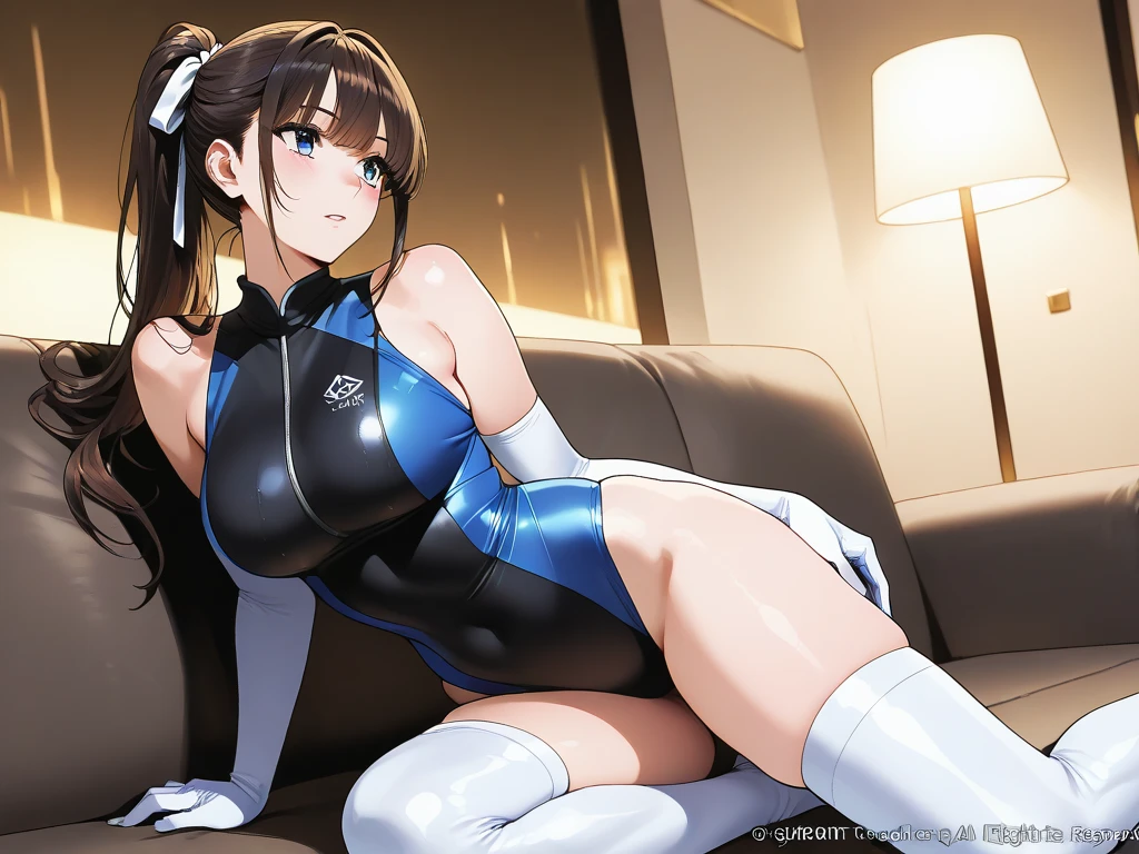 Spread legs、m-legs,Whole body、competition swim suit, onepiece swimsuit, Latex,Braids、red lipsticks、a miniskirt、Full smile、Lift the hem of the skirt、Hospital bed,irrumatio,