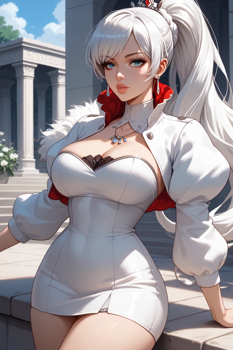 (best qualityer:0.8), perfect anime illustration, 1 girl, in front, gazing at viewer, NoelleHoliday, White hair, red short skirt, Red strappy sleeves, white blouse, purples eyes, big hair, medium breasts((she holding one of her breasts))