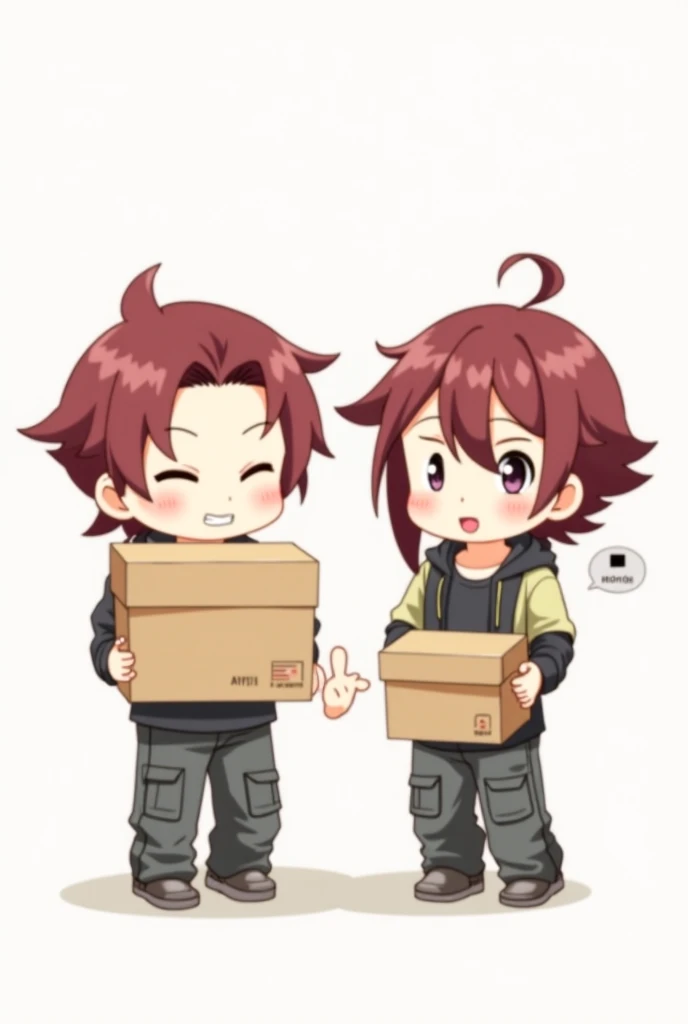 2 chibi guys holding boxes in their hands