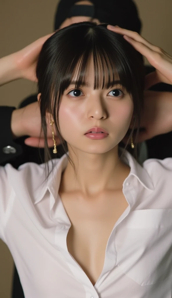 (best quality, masterpiece, ultra detailed, ultra high res, photorealistic, raw photo, absurdres, absolutely resolution:1.5), (photorealistic:1.4),nsfw, 1 female, 30 year old woman, Japanese, realistic lighting, Backlight, facial light, ray tracing, (scrawny:weight1.0) ,small breast, shiny skin, vivid details, surreal, fine and beautiful skin, (medium hair, brown hair), (A face waiting for a kiss, perspective, open your mouth, throw), (police, police uniform), (lie down on the ground, on all fours, stick out ass, kneeing), look at me, from before, (torture chamber, prison:1.5)