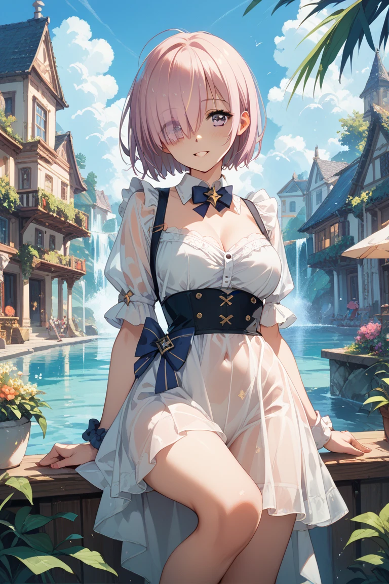 masterpiece, best quality, highres, ram1, 1girl, solo, rem \(re:zero\), pink hair, short hair, red eyes, round glasses, hair over one eye, collar, naughty expression, ribbon trim, hair ribbon, x hair ornament, frills, loose crop top, short crop top, see trough, nipples, wet tank top, light blue panties, see trough panties, tranparent panties, wet panties, cameltoe, small breasts, cleavage, sweating, cum over the body, hair flower, outdoors, sexy pose, sensual, nsfw, naughty smile, perfect background, perfect light