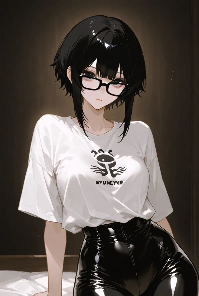 girl, facing the viewer, black and white, Side Swept Bangs hair, round glasses, geek accessories, collar, geek style, nude, naked, nipples, small breast size, confident gaze, monochrome color scheme, looking to the side, sensual pose, naugthy expression, head,((a person)),cat ears headset, hairpin, open legs, sweating body, body full of cum, pee, cum on crotch