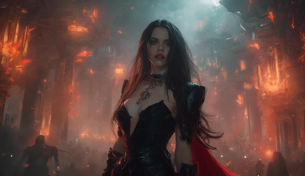 Demon princess, mournful lady, ghost, malevolent, fighting in the battlefield casting a dark spell,  dark energy aura, full figure portrait, three quarter wiew, masterpiece, 8k resolution, warp space background, Caravaggio art, digital art