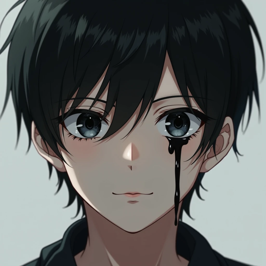 Masterpiece, best quality, man, ผู้man, height, anime pictures,Deep black hair,eyes like black holes,Crying blood,High school student shirt,strangle yourself, photograph_light, {{}}, Ulzzang-6500-v1.1:0.8