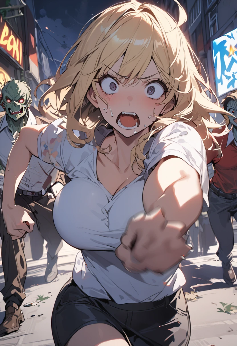 Golden hair, golden eyes with black pupils, woman , big chest, motorcycle goggles, happy, focused, building defense wall, hammering nails, dirty, garage, zombie apocalypse, tattered black streetwear, speeding, highly detailed, perfect eyes, well defined eyes, highly detailed eyes, expressive eyes, best quality