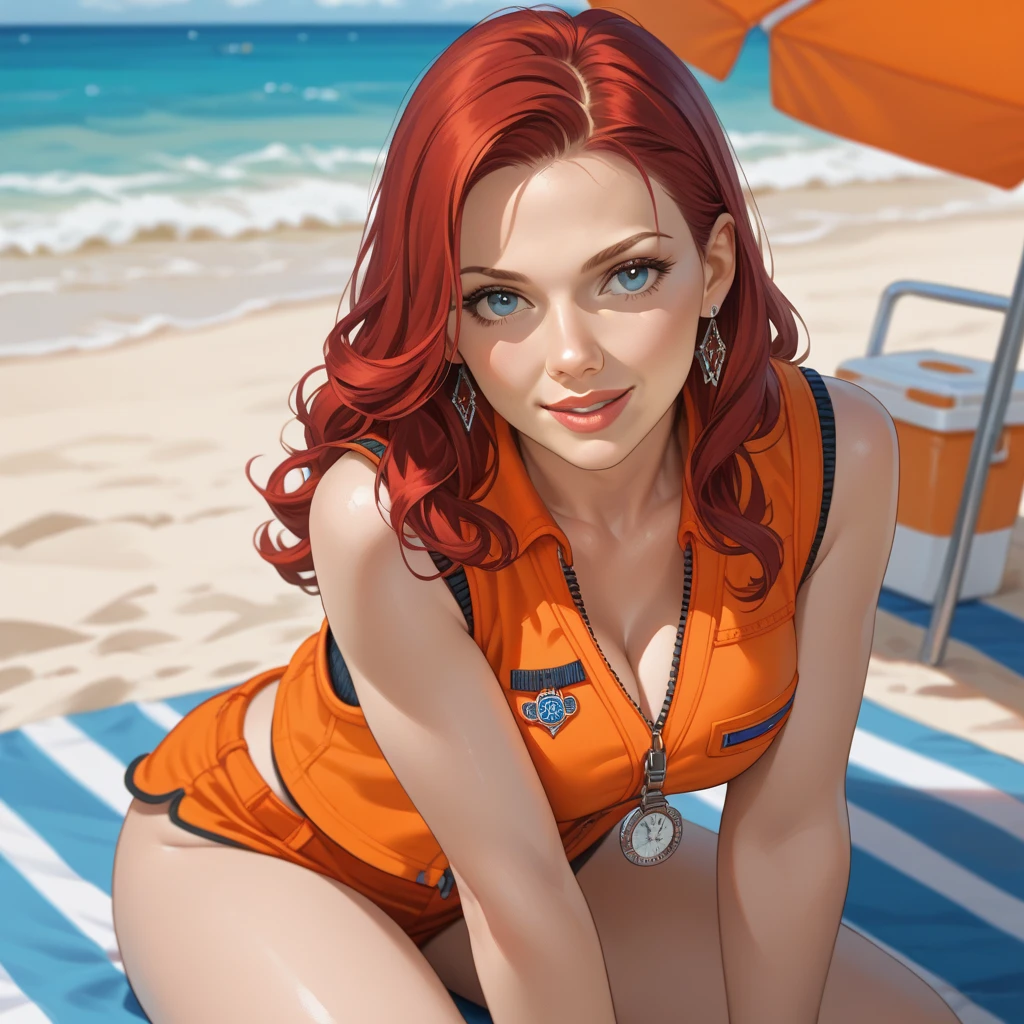 one woman in front of water station, Centre composition, red, red glasses, short pants, pin-up pose, sexy, dominant, erotic,