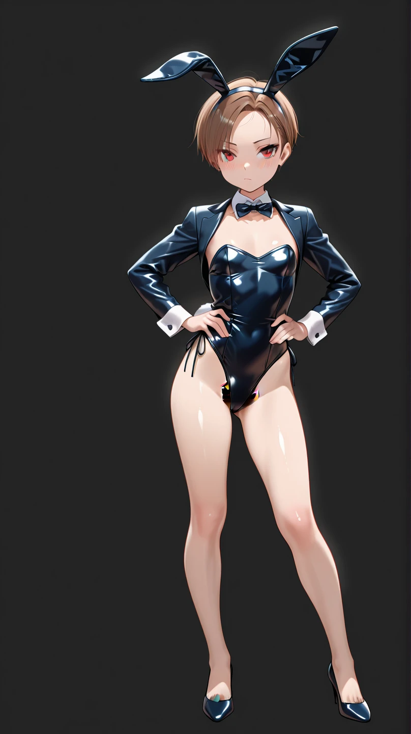 Busty girl blue eyes short hair with bangs style bob standing splitz, slender body display 1.2 nudes detailed perfect gothic makeup eyeliner voluminous lips upturned lips full-body display 1.2
